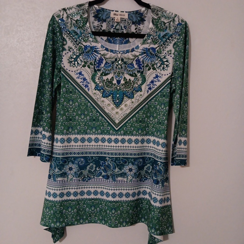 Blue Mood Tunic Top Women's Sz.S Blue/Green/White  w/Rhinestones  3/4 Sleeves...